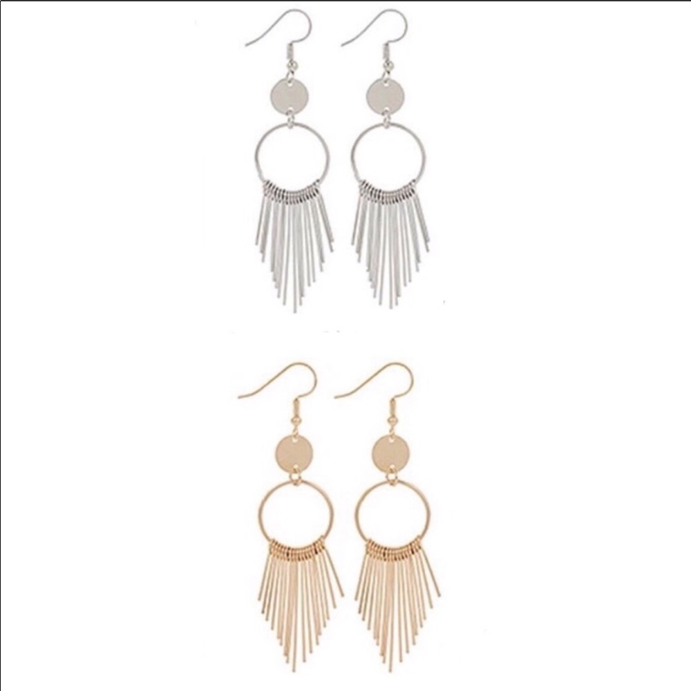 Silver tone metal Dangle Earrings.  3” long New!